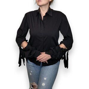 BALOSSA Avant Garde Black Button Down Blouse w/ Tie Knot Detail